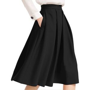 Yige Black High Waist Flared Skirt Pleated Midi Skirt with Pocket Size 10 NWT